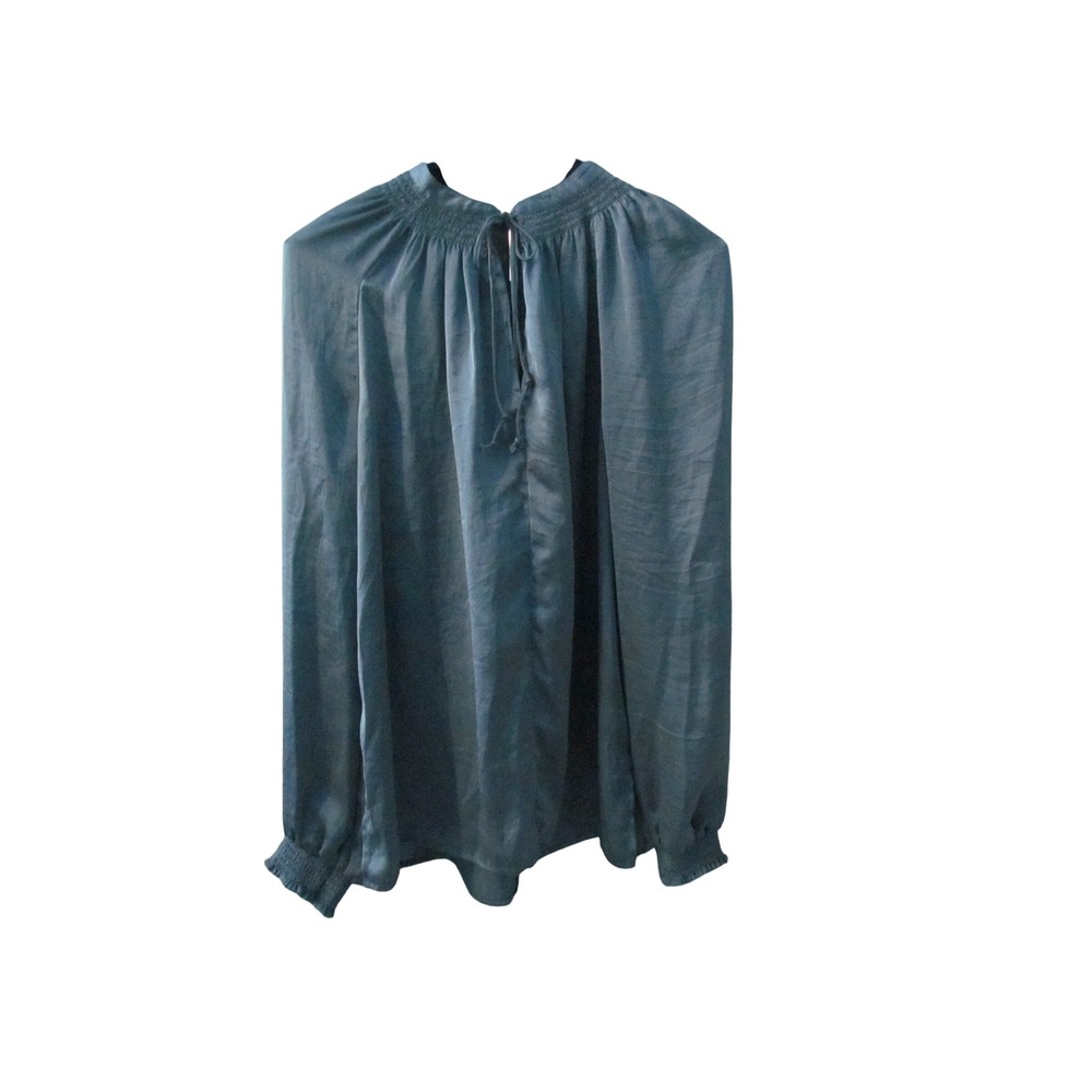 Lucky‎ Brand Blouse Large Blue Satin Smocked Neck Tie Front Boho Peasant Top